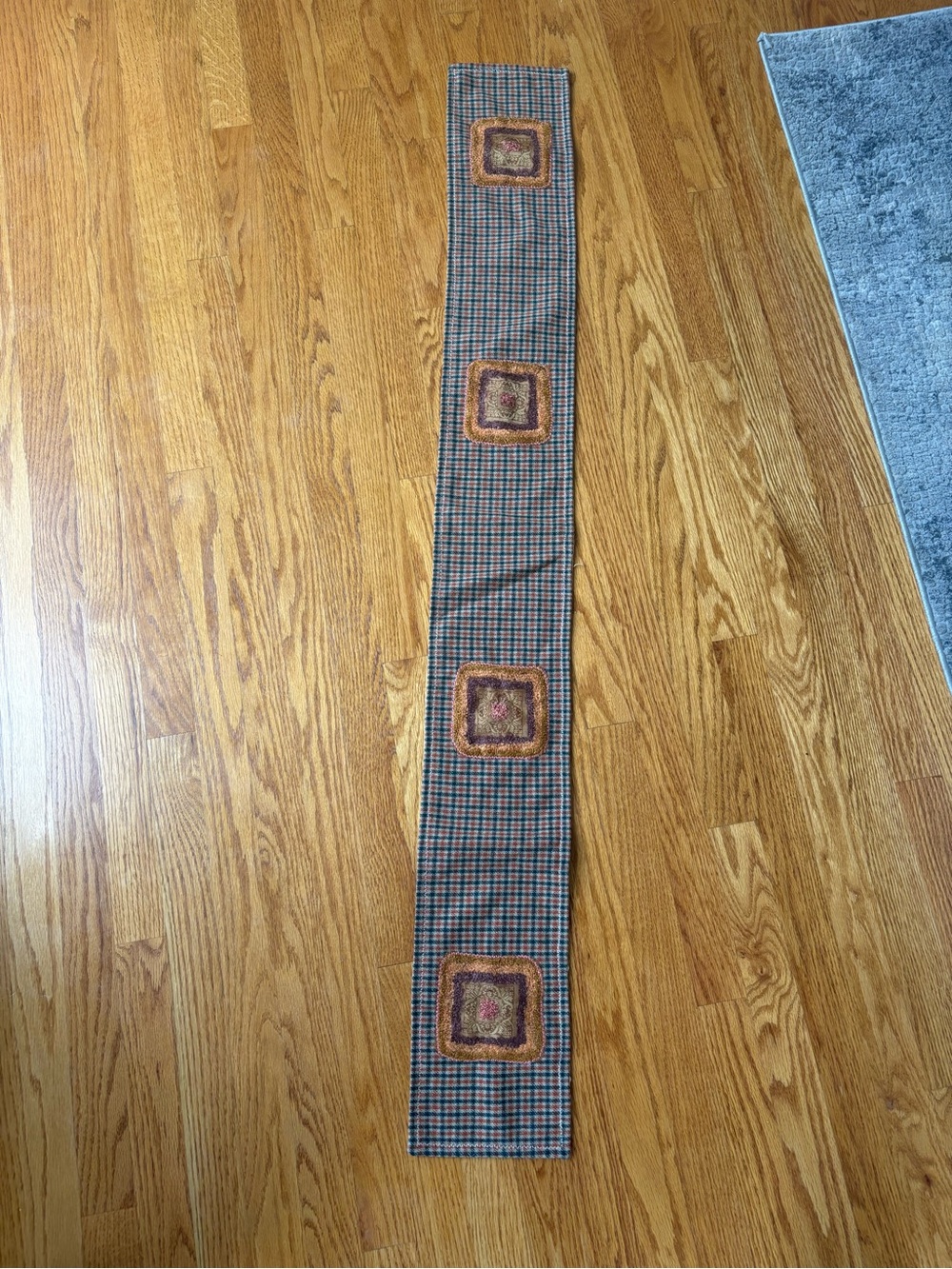 Plaid Table Runner with Rust Accent Squares